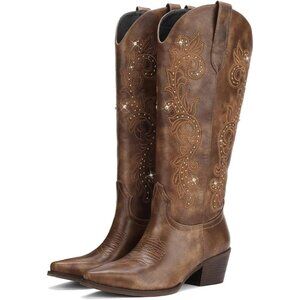 ⚡Women's Dark Brown Wide Calf Cowgirl Boot Embroidered Square Toe Chunky Heel